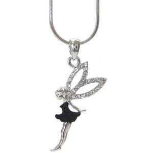 White gold plated Black Enamel and Crystal Fairy Necklace